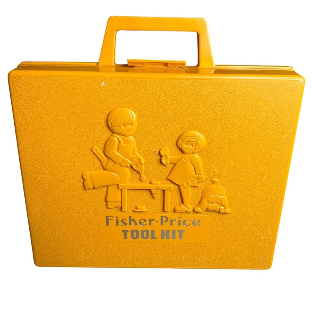 Vintage 1977 Fisher-Price Tool Kit 924 Blue Power Drill Yellow Case Kids Toy Set
